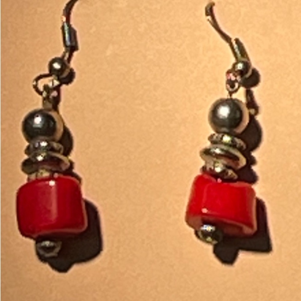 Chic Red Coral and 925 Silver Beaded Earrings.